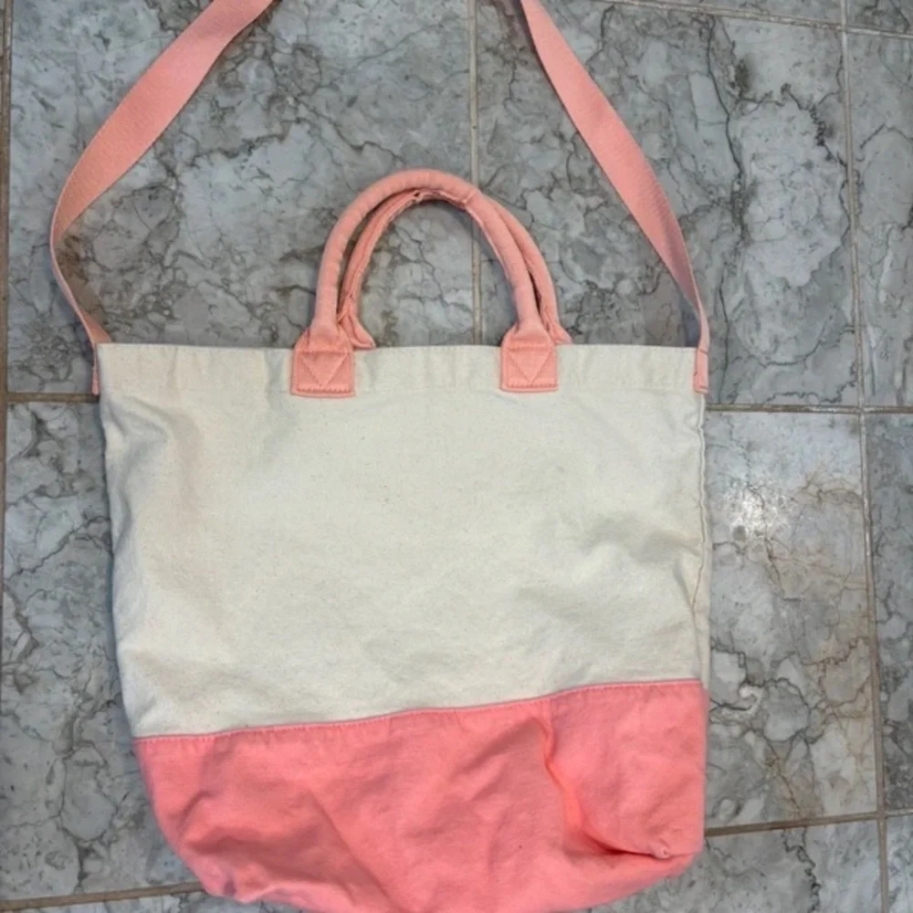 Victoria's Secret Cream and Pink Canvas Tote with Gold Logo